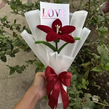 Handmade maroon lily pipe cleaner bouquet with LOVE card and red ribbon
